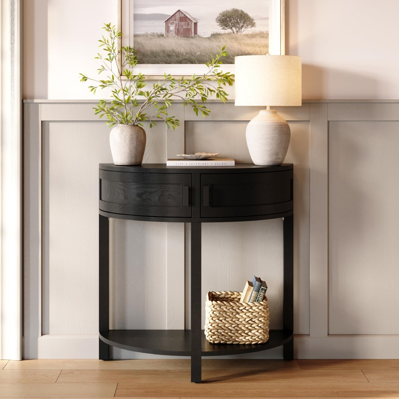 Farmhouse Half Moon Console Table - Small Entry Desk with Storage for Narrow Spaces - Modern Home Decor - Living Room Furniture - Wood Entryway Table with Doors and Black Knobs (Blackened Oak)